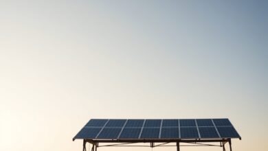 Estrutura metálica de painel solar comunitário instalada numa zona rural em Moçambique sob céu limpo.
