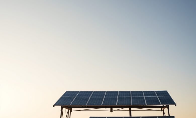 Estrutura metálica de painel solar comunitário instalada numa zona rural em Moçambique sob céu limpo.