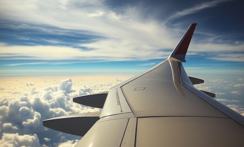 Janela de um aviao comercial em altitude elevada mostrando nuvens e o horizonte azul ao fundo