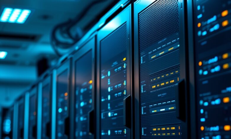 Servidores de computador iluminados por luzes LED azuis num centro de dados moderno e seguro.