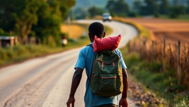 Homem com mochila pesada caminhando por uma estrada rural europeia durante o entardecer
