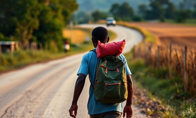Homem com mochila pesada caminhando por uma estrada rural europeia durante o entardecer