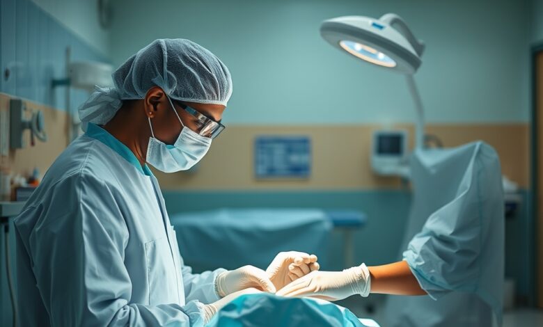 Profissional de saúde com luvas preparando uma vacina num ambiente clínico hospitalar limpo e iluminado.
