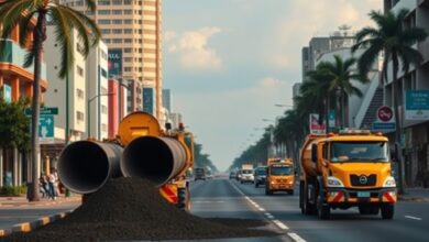 Estaleiro de obras públicas de drenagem urbana com tubagens e escavadora numa avenida em Maputo.