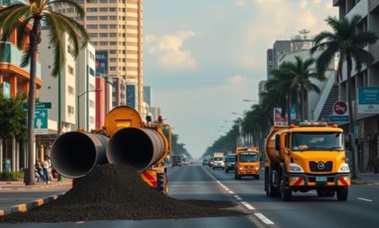 Estaleiro de obras públicas de drenagem urbana com tubagens e escavadora numa avenida em Maputo.