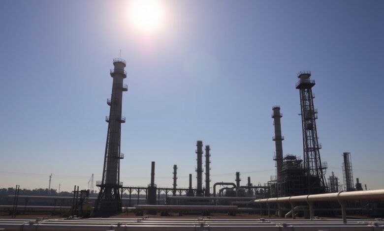 Instalações industriais de extracção de petróleo com torres e tubagens sob céu limpo ao pôr do sol