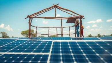 Estrutura comunitária de energia solar com painéis fotovoltaicos em uma zona rural de Moçambique sob céu limpo.