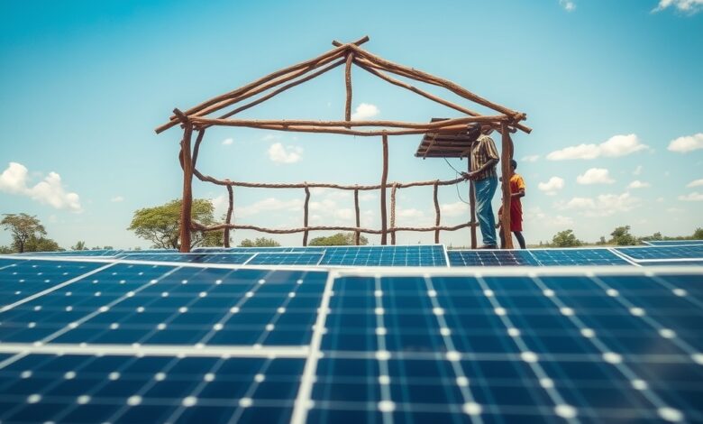 Estrutura comunitária de energia solar com painéis fotovoltaicos em uma zona rural de Moçambique sob céu limpo.