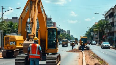 Trabalhadores da construção civil em obras de infraestrutura urbana com escavadoras numa avenida de Maputo.