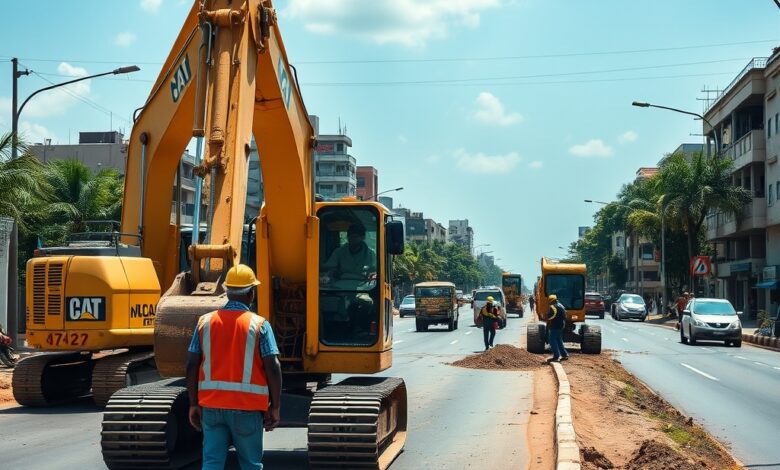 Trabalhadores da construção civil em obras de infraestrutura urbana com escavadoras numa avenida de Maputo.