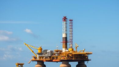 Plataforma de extração de gás natural flutuando no oceano sob um céu limpo ao entardecer.
