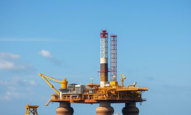 Plataforma de extração de gás natural flutuando no oceano sob um céu limpo ao entardecer.