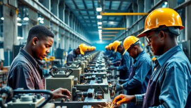 Operários trabalhando em uma moderna linha de montagem industrial em Moçambique, com máquinas e equipamentos.