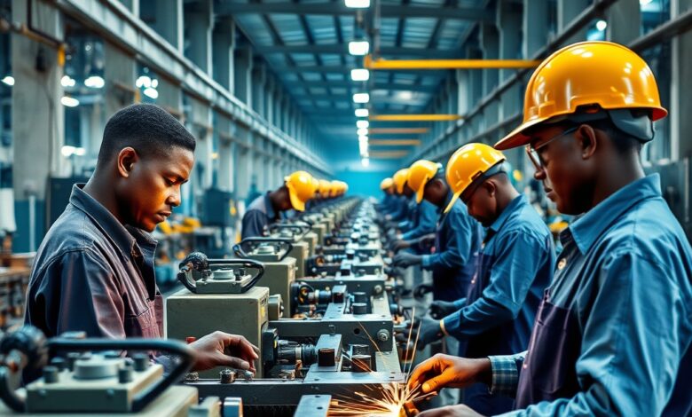 Operários trabalhando em uma moderna linha de montagem industrial em Moçambique, com máquinas e equipamentos.