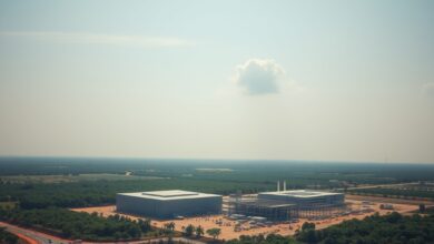 Vista aérea de uma moderna refinaria de biocombustíveis cercada por vegetação sob um céu limpo.