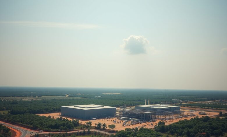 Vista aérea de uma moderna refinaria de biocombustíveis cercada por vegetação sob um céu limpo.