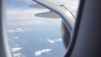 Vista em detalhe de uma janela de avião comercial mostrando a curvatura do acrílico e a fuselagem metálica externa