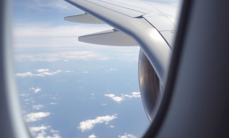 Vista em detalhe de uma janela de avião comercial mostrando a curvatura do acrílico e a fuselagem metálica externa