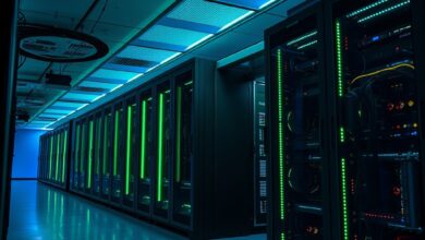Servidores de computador iluminados por luzes LED azuis e verdes numa sala de servidores escura e moderna.