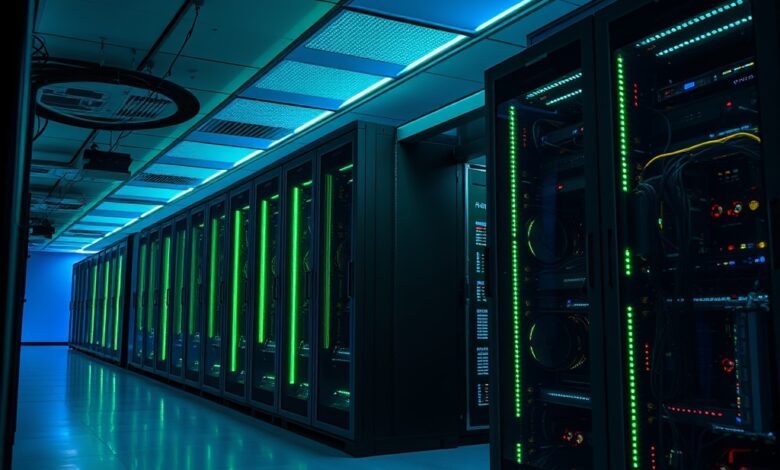 Servidores de computador iluminados por luzes LED azuis e verdes numa sala de servidores escura e moderna.