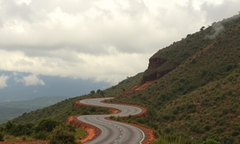 Estrada de terra sinuosa atravessando uma paisagem montanhosa sob um céu nublado ao entardecer sem pessoas.