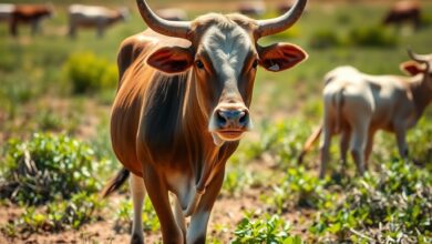 Gado bovino a pastar em campo aberto verdejante numa exploração agropecuária ao pôr do sol