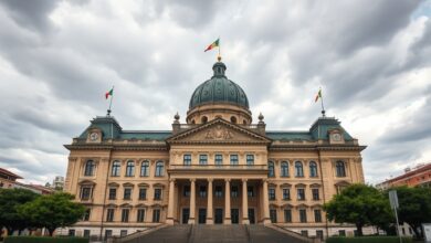 Edifício governamental histórico na Alemanha sob céu nublado durante período de votação regional.