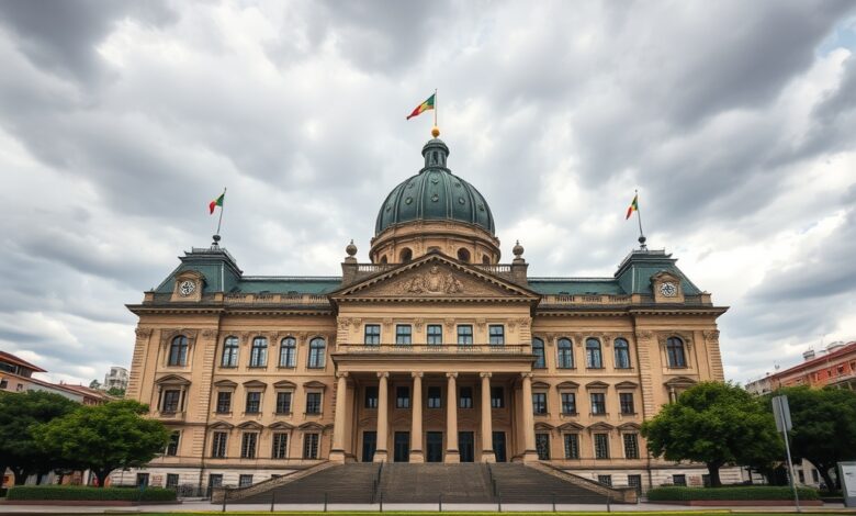 Edifício governamental histórico na Alemanha sob céu nublado durante período de votação regional.