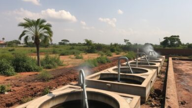Estação de tratamento de águas residuais urbana com tanques de decantação sob céu limpo.