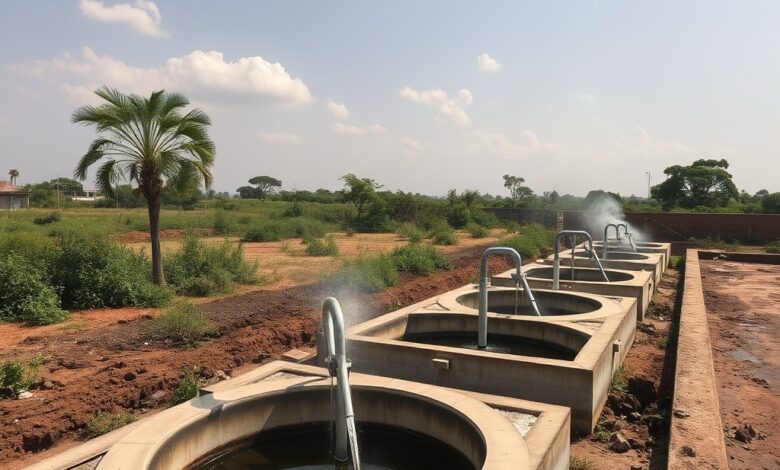 Estação de tratamento de águas residuais urbana com tanques de decantação sob céu limpo.