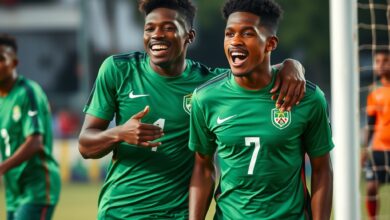 Jovens futebolistas a celebrar um golo num relvado verde durante uma partida de futebol oficial.