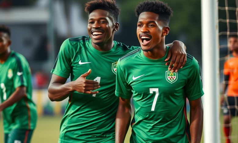 Jovens futebolistas a celebrar um golo num relvado verde durante uma partida de futebol oficial.