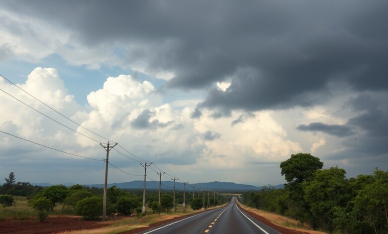 Vista de uma estrada de terra em Cabo Delgado sob um céu nublado, simbolizando desafios de segurança regional.