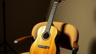 Violão acústico de madeira apoiado sobre uma poltrona de couro num estúdio de gravação iluminado de forma suave.