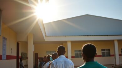 Fachada de um hospital público em Moçambique com utentes a aguardar atendimento sob uma luz solar suave.