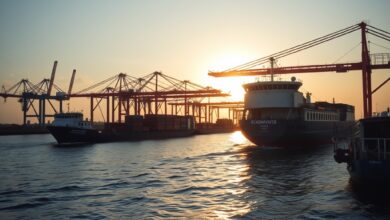 Imagem de um porto comercial movimentado em Moçambique com contentores e navios de carga ao pôr do sol.