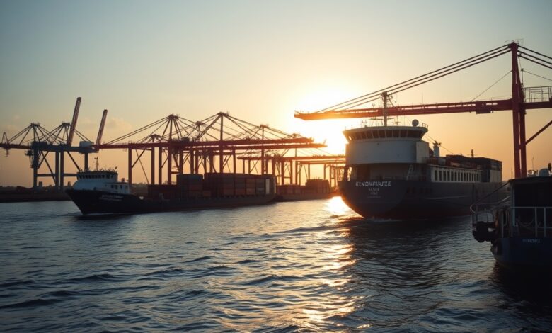 Imagem de um porto comercial movimentado em Moçambique com contentores e navios de carga ao pôr do sol.