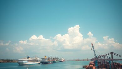 Porto comercial de Maputo com navios de carga e contentores sob um céu limpo de Moçambique.