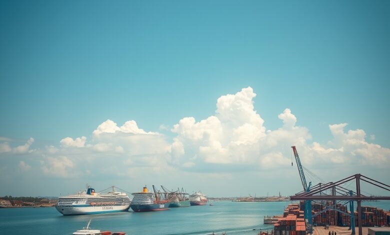Porto comercial de Maputo com navios de carga e contentores sob um céu limpo de Moçambique.