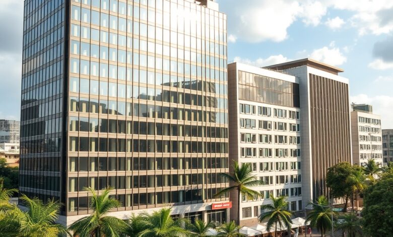 Edifício moderno de escritórios em Maputo representando o crescimento económico e o desenvolvimento financeiro de Moçambique.