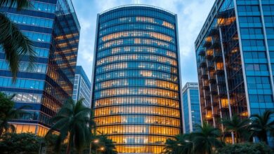 Edifício moderno de escritórios em Maputo representando o desenvolvimento económico e financeiro de Moçambique.