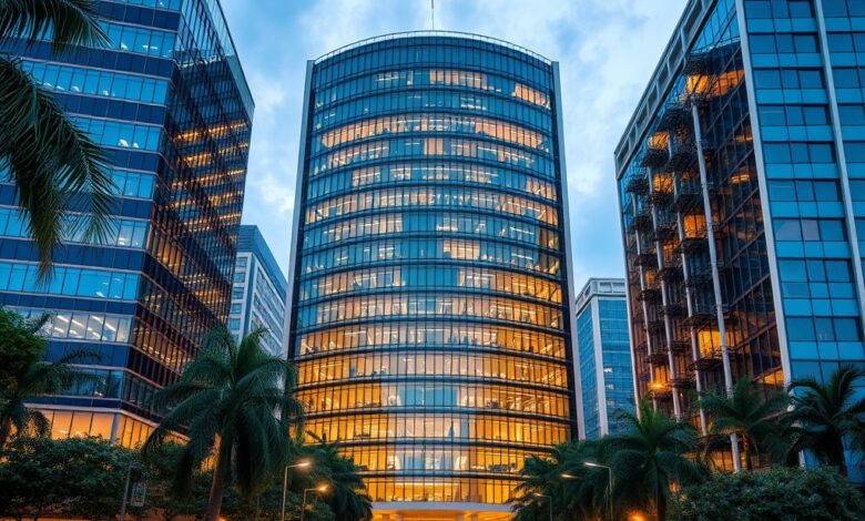 Edifício moderno de escritórios em Maputo representando o desenvolvimento económico e financeiro de Moçambique.
