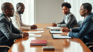 Empresários em reunião de negócios com documentos sobre mesa de conferências moderna e luminosa