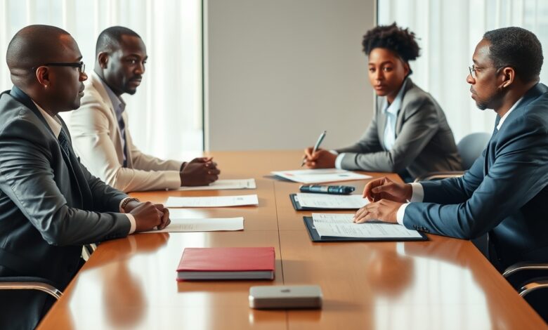 Empresários em reunião de negócios com documentos sobre mesa de conferências moderna e luminosa
