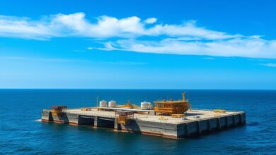 Plataforma de extração de gás natural em alto mar sob um céu azul brilhante