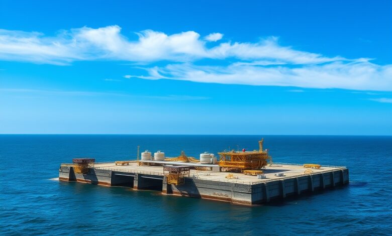 Plataforma de extração de gás natural em alto mar sob um céu azul brilhante