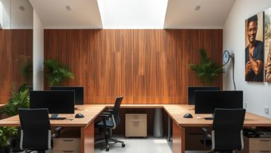 Escritório moderno de atendimento ao público com computadores e design minimalista focado na eficiência administrativa.