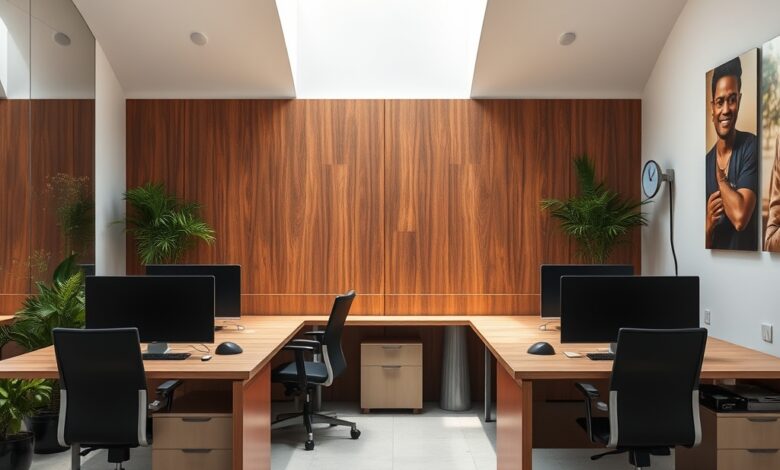 Escritório moderno de atendimento ao público com computadores e design minimalista focado na eficiência administrativa.