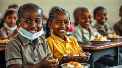 Crianças moçambicanas sorridentes sentadas numa sala de aula com pratos de refeição escolar saudável sobre as secretárias.