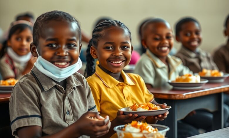 Crianças moçambicanas sorridentes sentadas numa sala de aula com pratos de refeição escolar saudável sobre as secretárias.